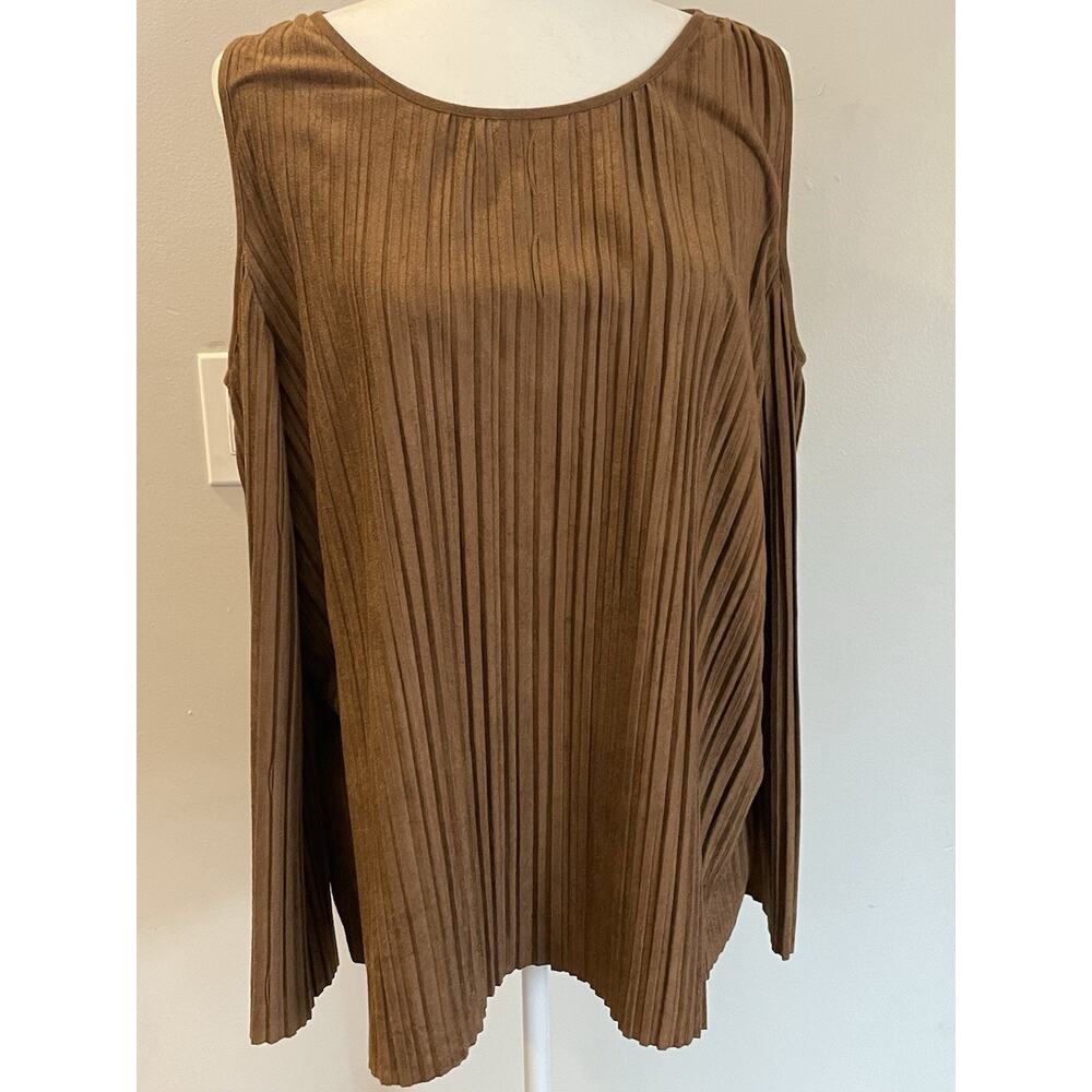 Chico's Pleated Faux Suede Cold Shoulder Top Blouse Brown 3 (XL/16) boho Fairy